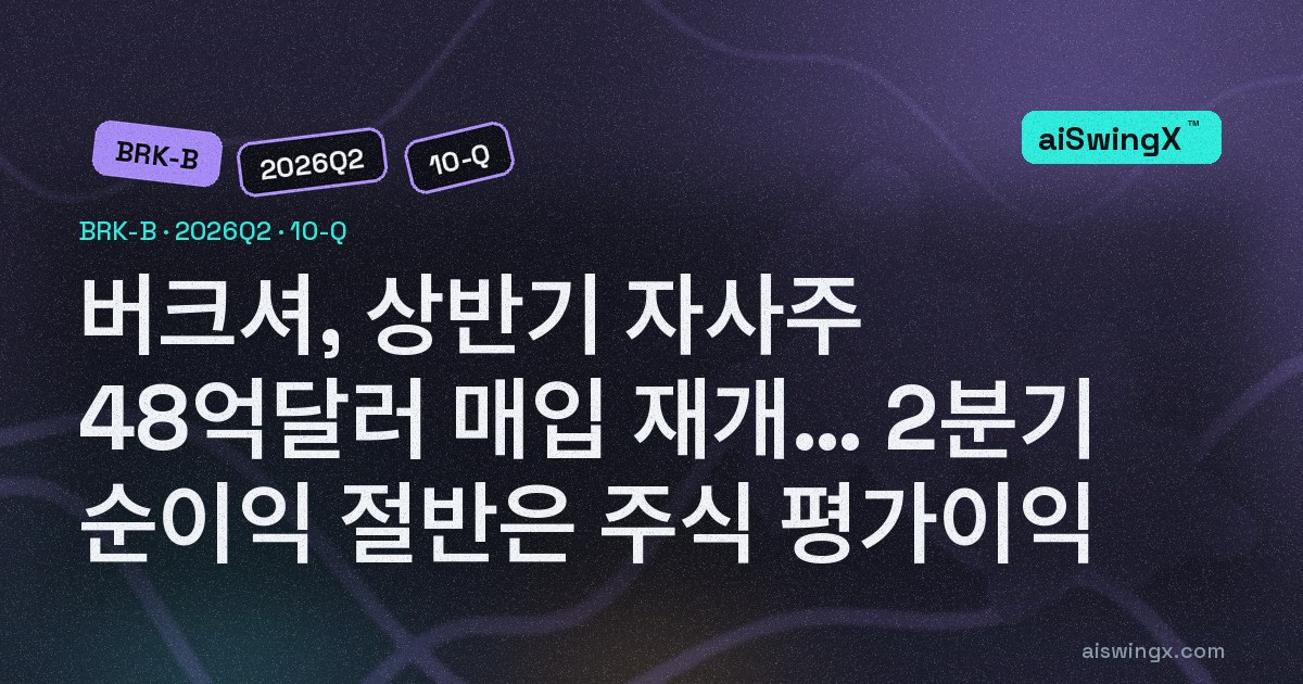 버크셔, 상반기 자사주 48억달러 매입 — 대부분 2분기, B주 평균 476~488달러… 2분기 순이익 257억달러의 절반은 주식 평가이익