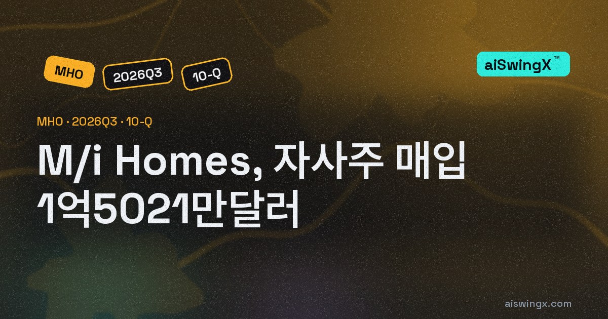 M/i Homes, 자사주 매입 1억5021만달러… 영업현금흐름의 94.3%